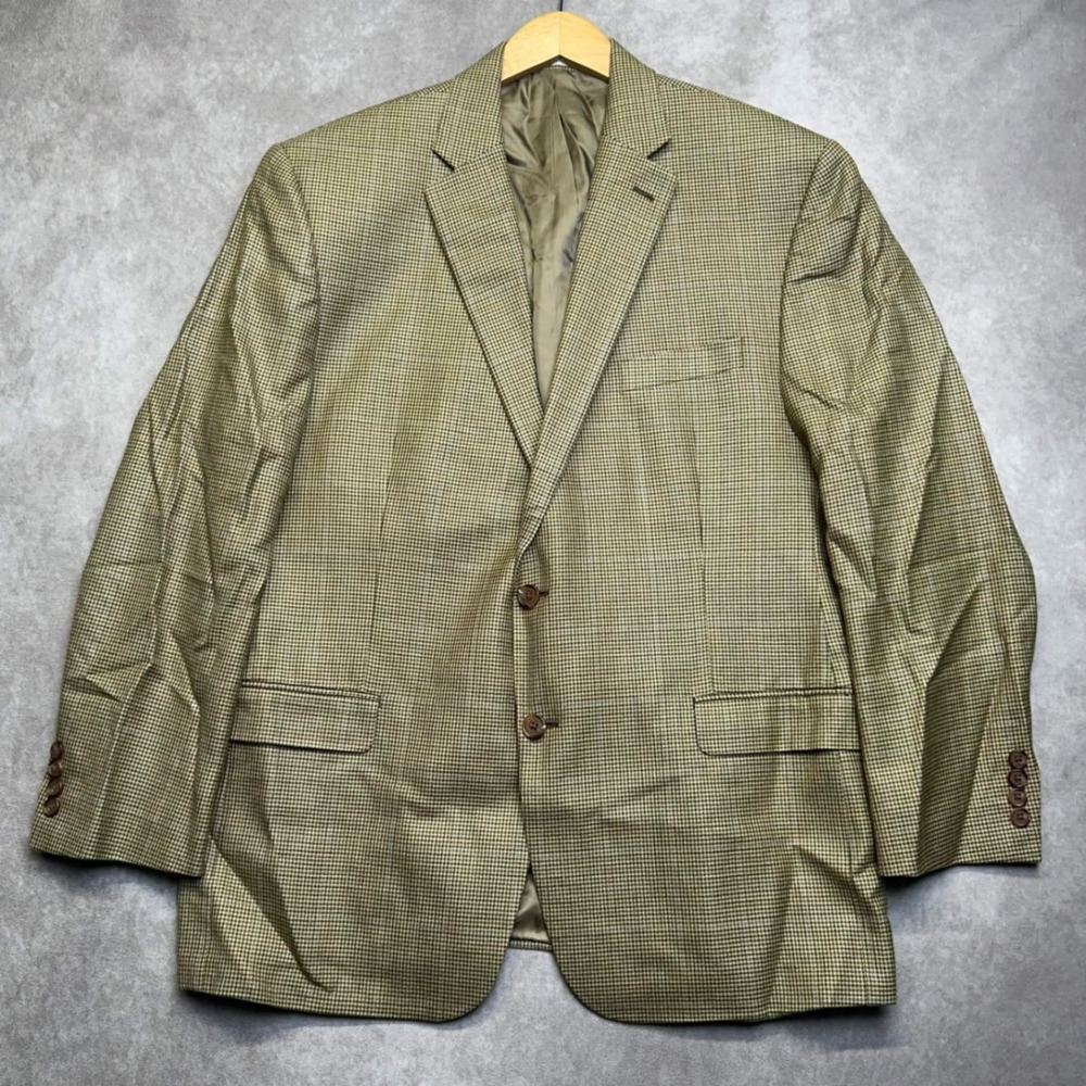 Lauren Ralph Lauren 44R Houndstooth Plaid Blazer Sport Coat Tan Brown Silk Wool